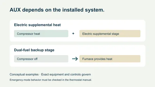 Original conceptual diagram: electric supplemental heat may assist the compressor; a dual-fuel backup stage may replace compressor heat. Exact controls govern.