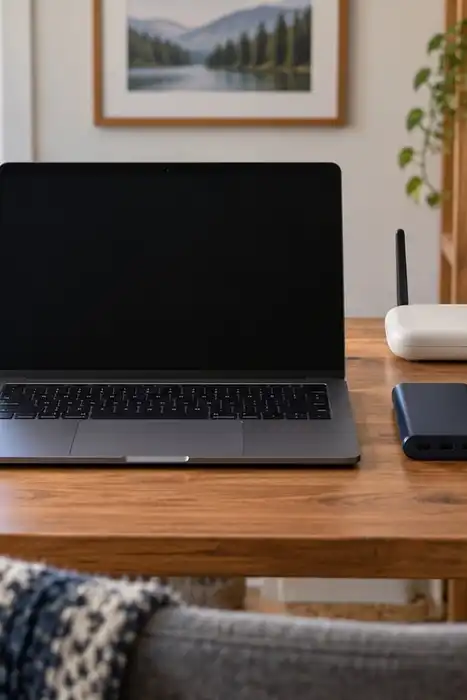 A laptop, phone, small router, power bank, charging cable, and blank notebook on a home desk.