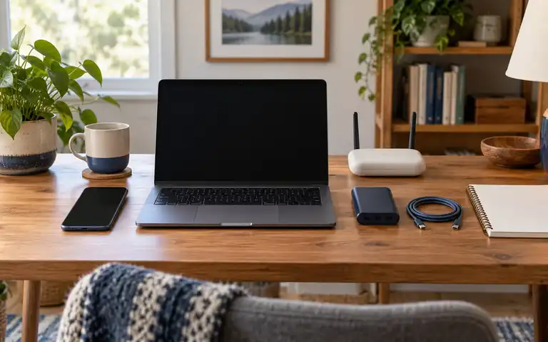 A laptop, phone, small router, power bank, charging cable, and blank notebook on a home desk.