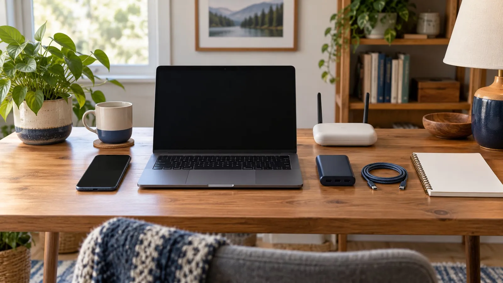 A laptop, phone, small router, power bank, charging cable, and blank notebook on a home desk.