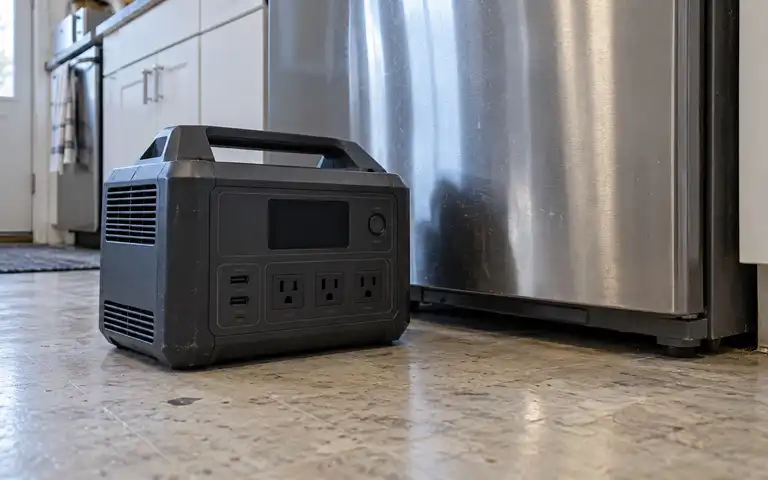 An unplugged portable battery station on a kitchen floor beside a refrigerator