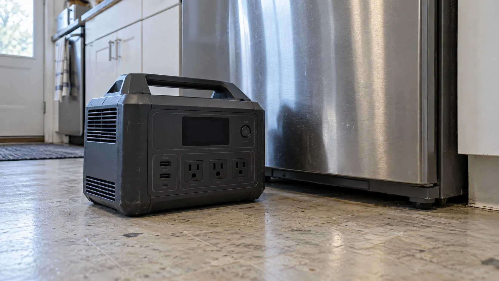 An unplugged portable battery station on a kitchen floor beside a refrigerator