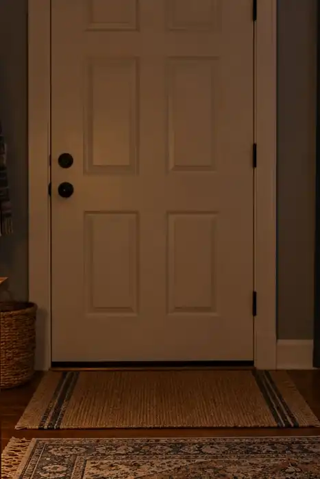 A closed interior door at dusk with a battery lantern, flashlight, keys, and notebook on a console.