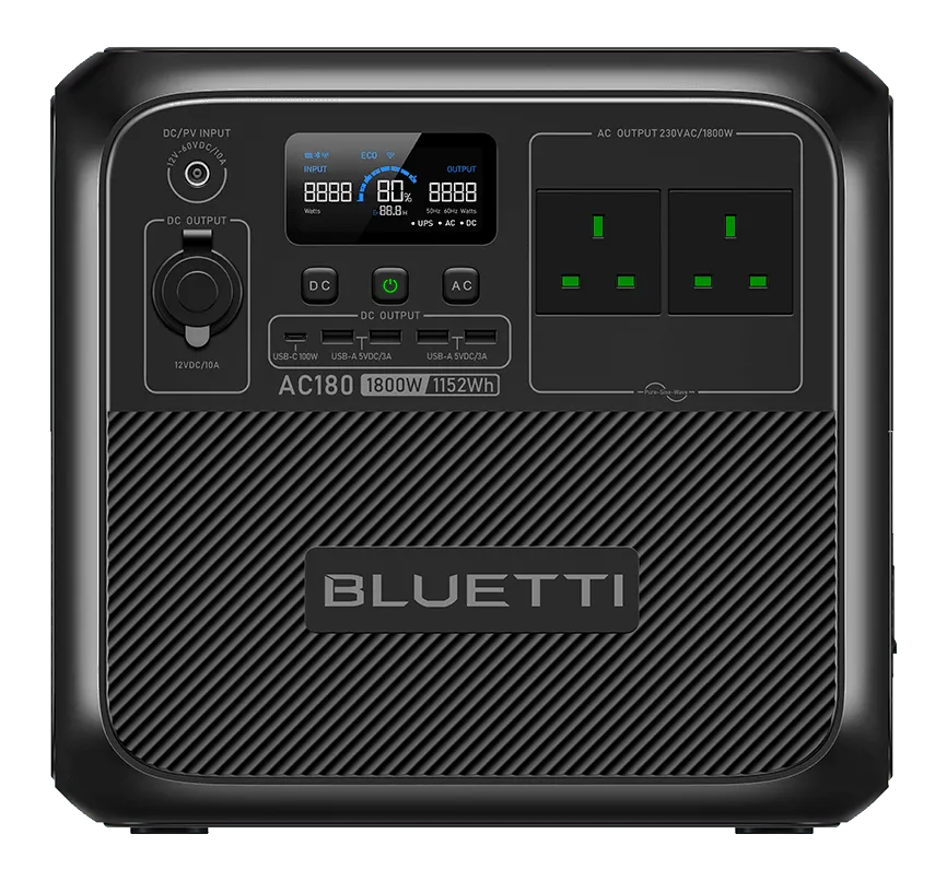 BLUETTI AC180 portable power station with top carry handles and front output ports