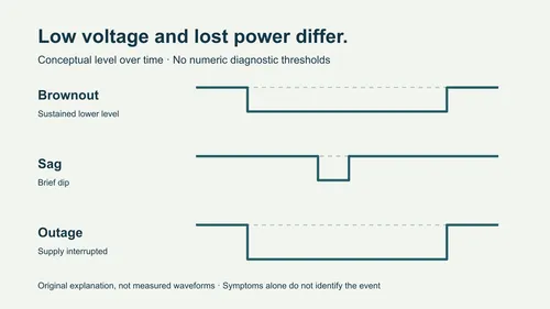 Original qualitative voltage-over-time diagram comparing a prolonged lower level, a brief dip and a complete interruption; no numeric diagnostic thresholds.