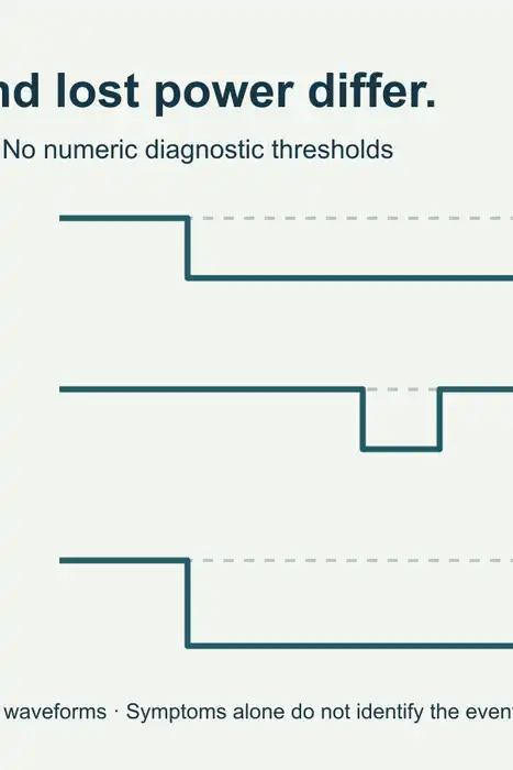 Original qualitative voltage-over-time diagram comparing a prolonged lower level, a brief dip and a complete interruption; no numeric diagnostic thresholds.