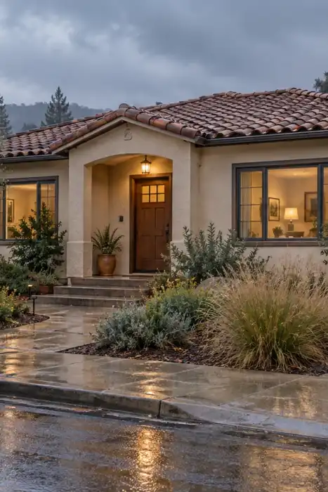 Illustrative home with a tiled roof, wet walkway, gray clouds, and hills in the distance