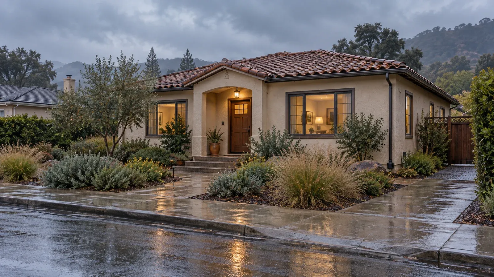 Illustrative home with a tiled roof, wet walkway, gray clouds, and hills in the distance