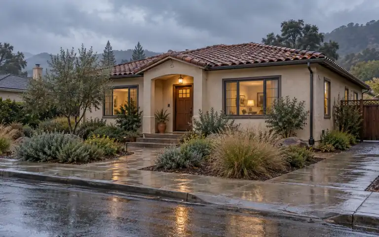 Illustrative home with a tiled roof, wet walkway, gray clouds, and hills in the distance