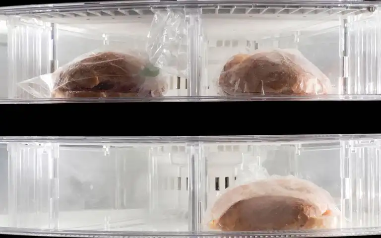 Two wrapped sandwiches sit in a freezer drawer.