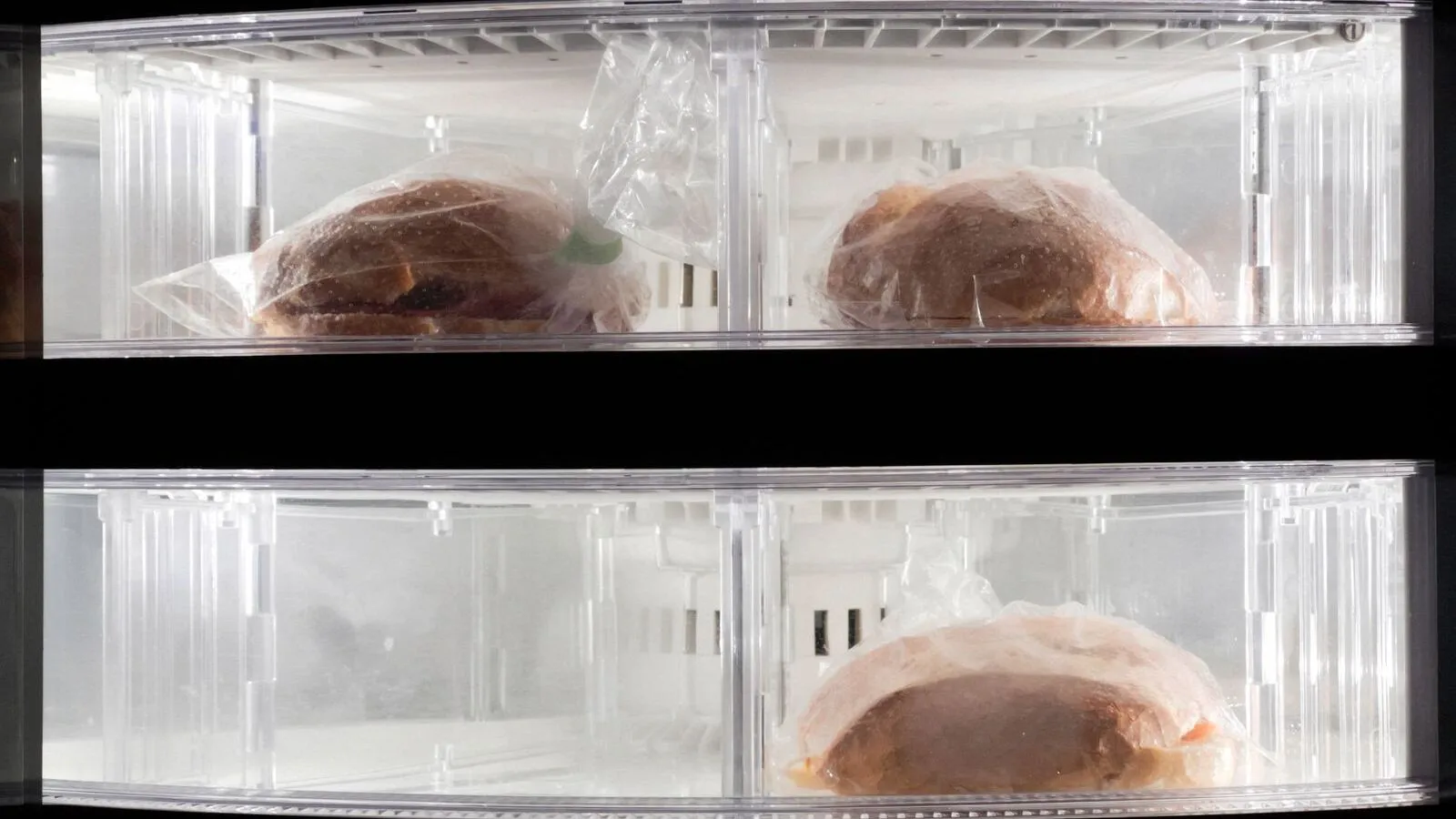 Two wrapped sandwiches sit in a freezer drawer.