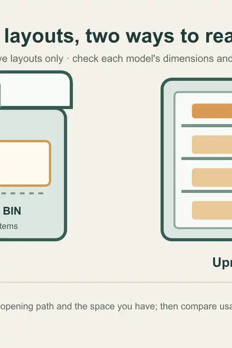 Original illustration comparing a top-opening chest freezer with baskets and an upright freezer with shelves.
