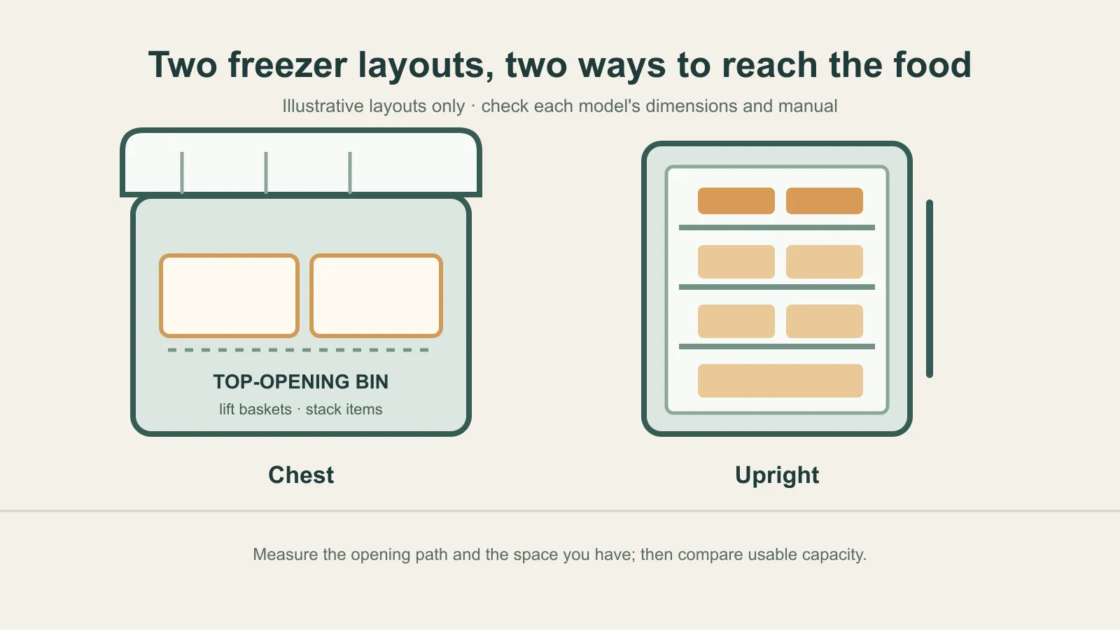 Original illustration comparing a top-opening chest freezer with baskets and an upright freezer with shelves.