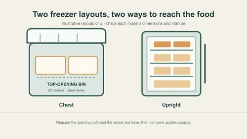 Original illustration comparing a top-opening chest freezer with baskets and an upright freezer with shelves.
