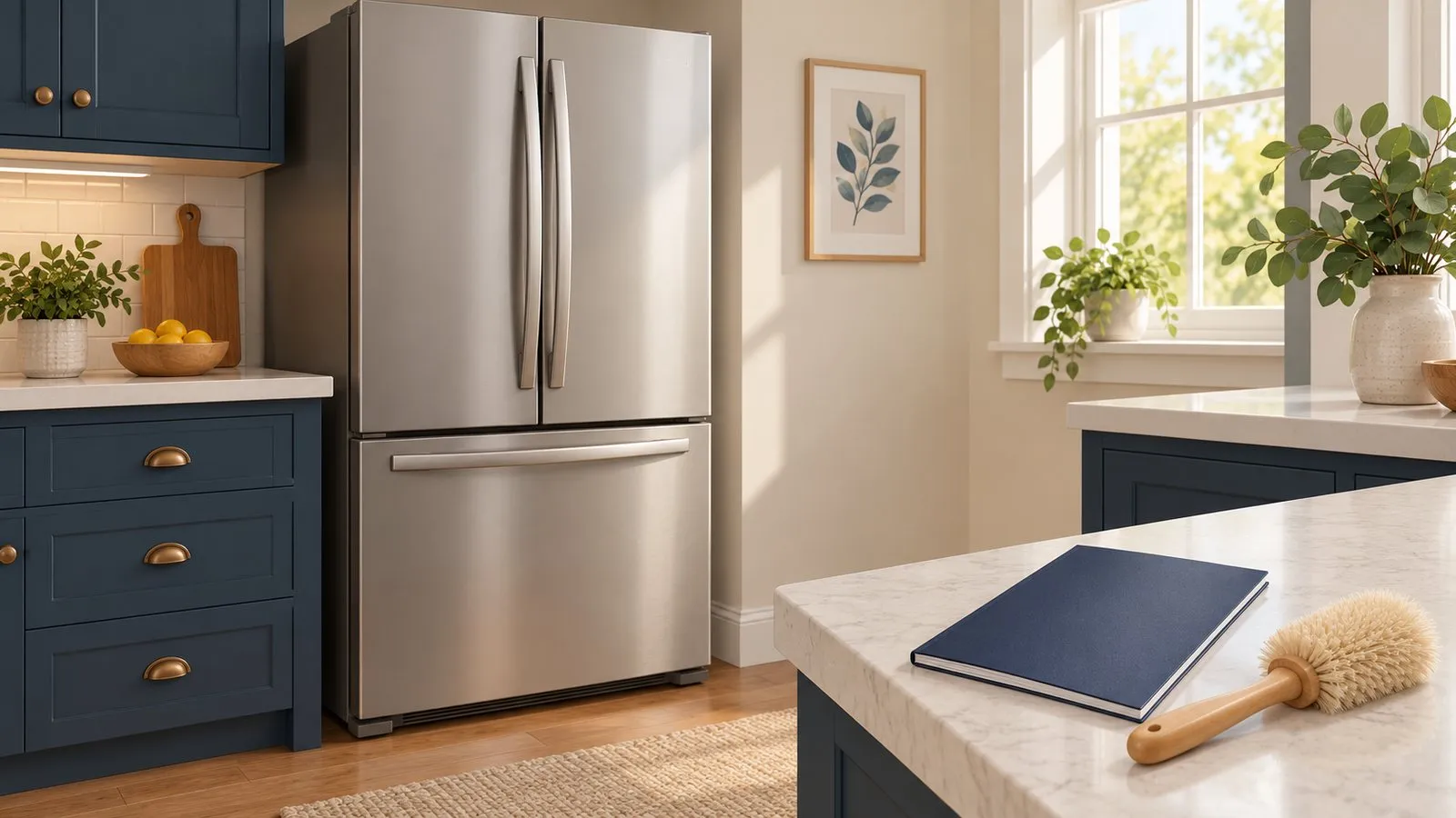 Editorial illustration of a closed refrigerator with a booklet and dry brush on a kitchen counter.