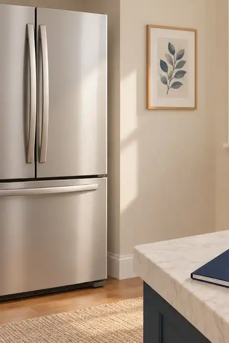Editorial illustration of a closed refrigerator with a booklet and dry brush on a kitchen counter.