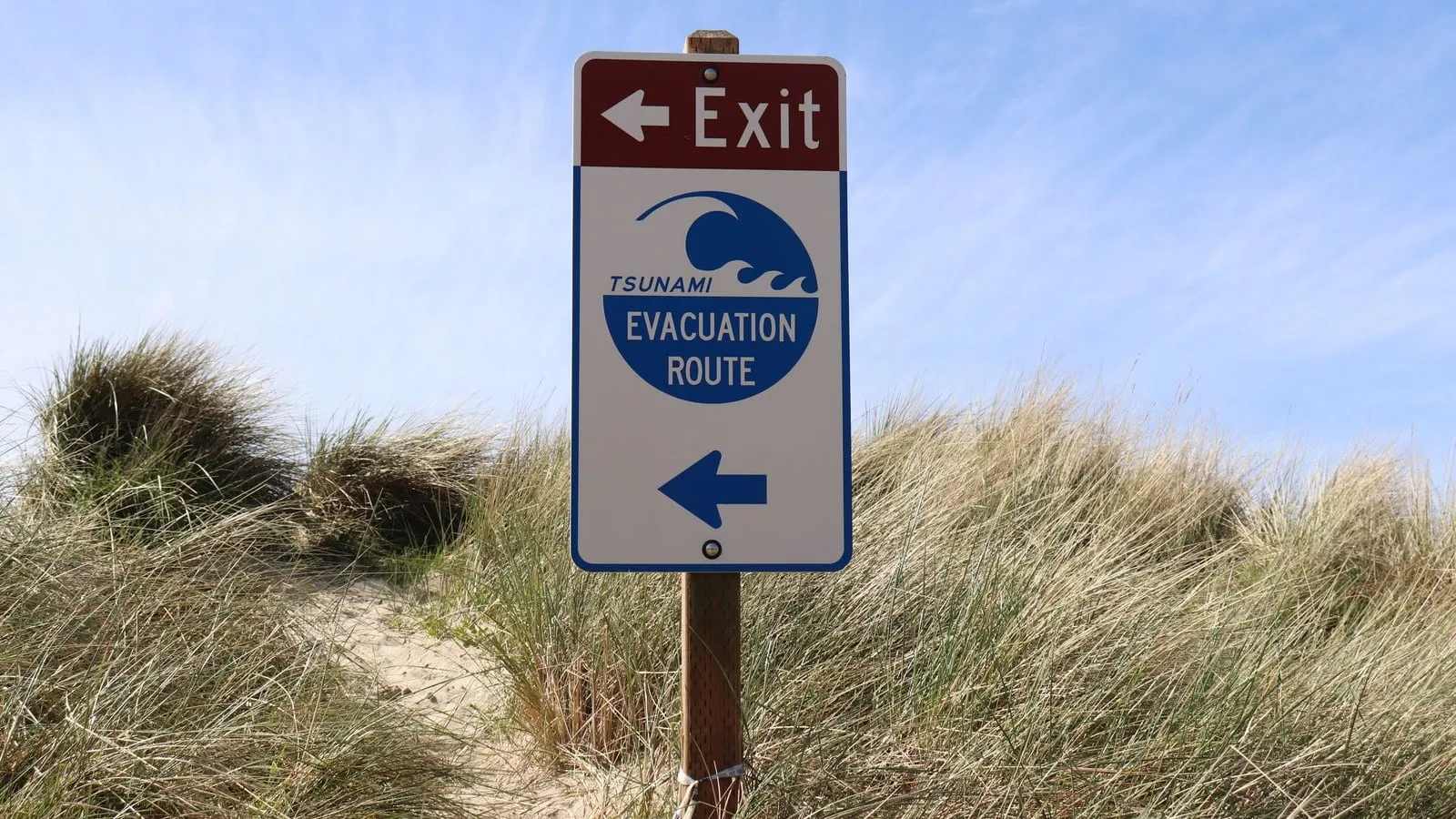 A tsunami evacuation route sign beside a coastal path in Oregon.