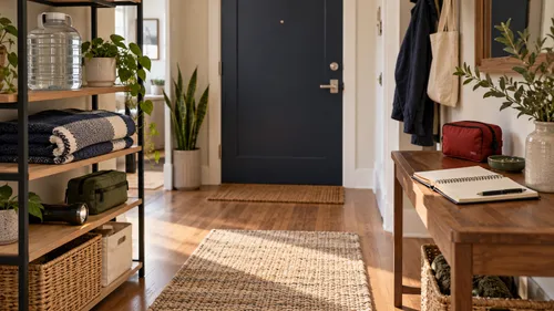 Capped water jug, folded blankets, flashlight, and closed pouches on apartment entry shelves, with a notebook on the console and a clear walkway.