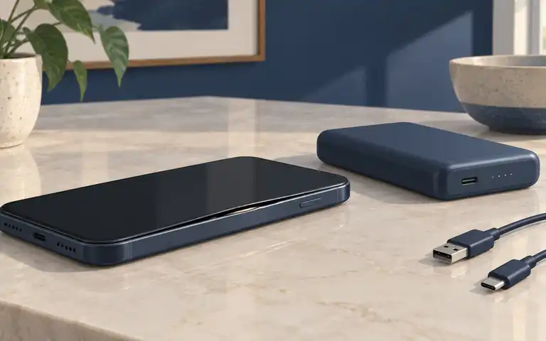 Editorial illustration of a phone with a slightly separated case, closed power bank and disconnected USB cable.