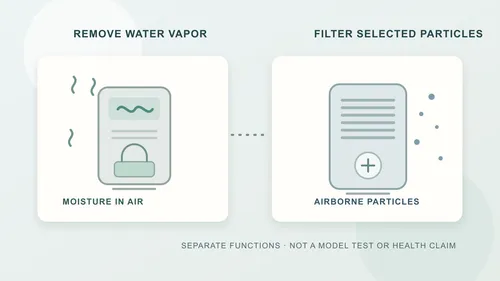 Original illustration pairing a generic dehumidifier with collected water and a separate room air cleaner with a pleated filter, showing distinct functions.