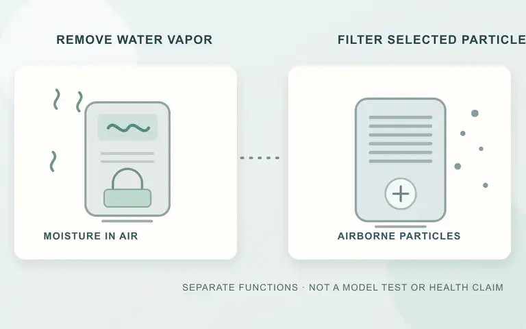 Original illustration pairing a generic dehumidifier with collected water and a separate room air cleaner with a pleated filter, showing distinct functions.