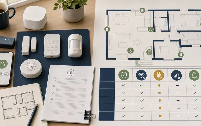 Conceptual matrix showing door and window sensors, a simple floor plan, and a household comparison checklist