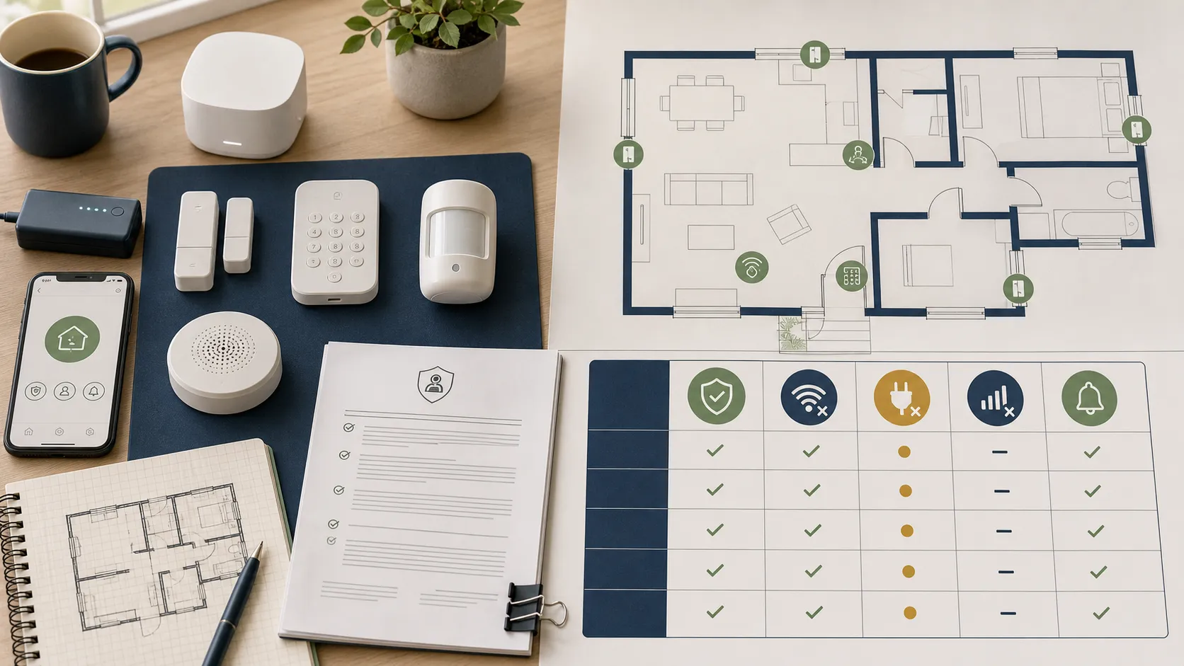 Unbranded security sensors, a home floor plan, a privacy document, and an outage failure-mode comparison grid