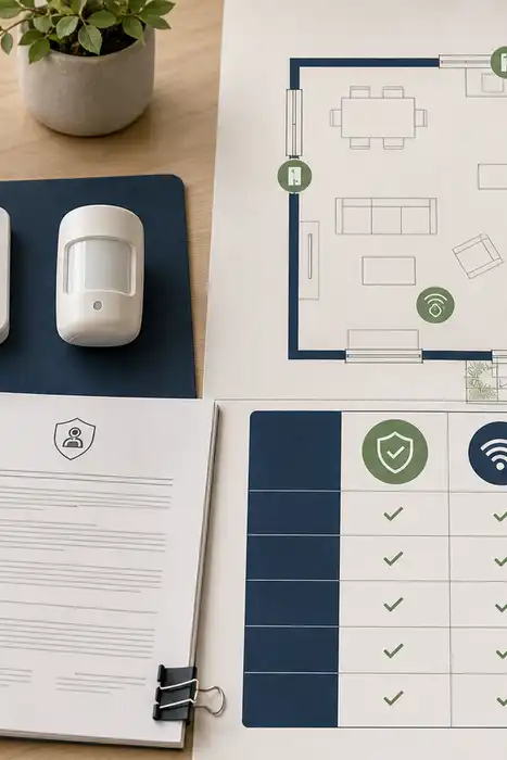 Unbranded security sensors, a home floor plan, a privacy document, and an outage failure-mode comparison grid