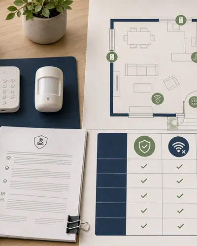 Unbranded security sensors, a home floor plan, a privacy document, and an outage failure-mode comparison grid