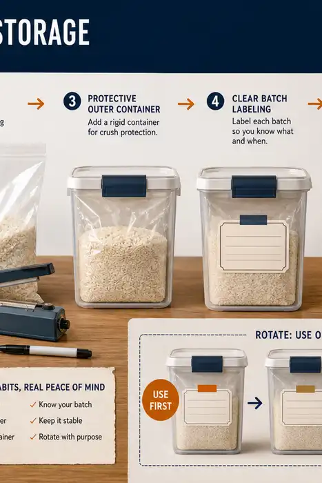 Dry staples moving from food-contact bags into labeled protective containers and a first-in, first-out rotation