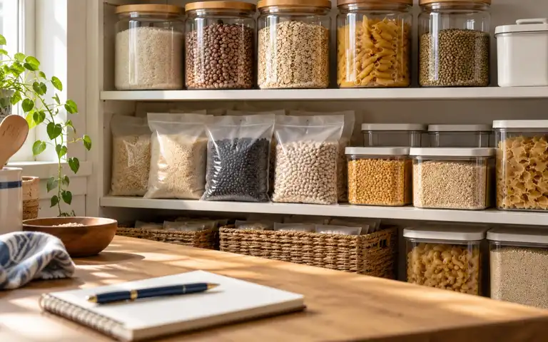 Illustration of sealed containers and bags of dry staples beside a blank notebook in a pantry