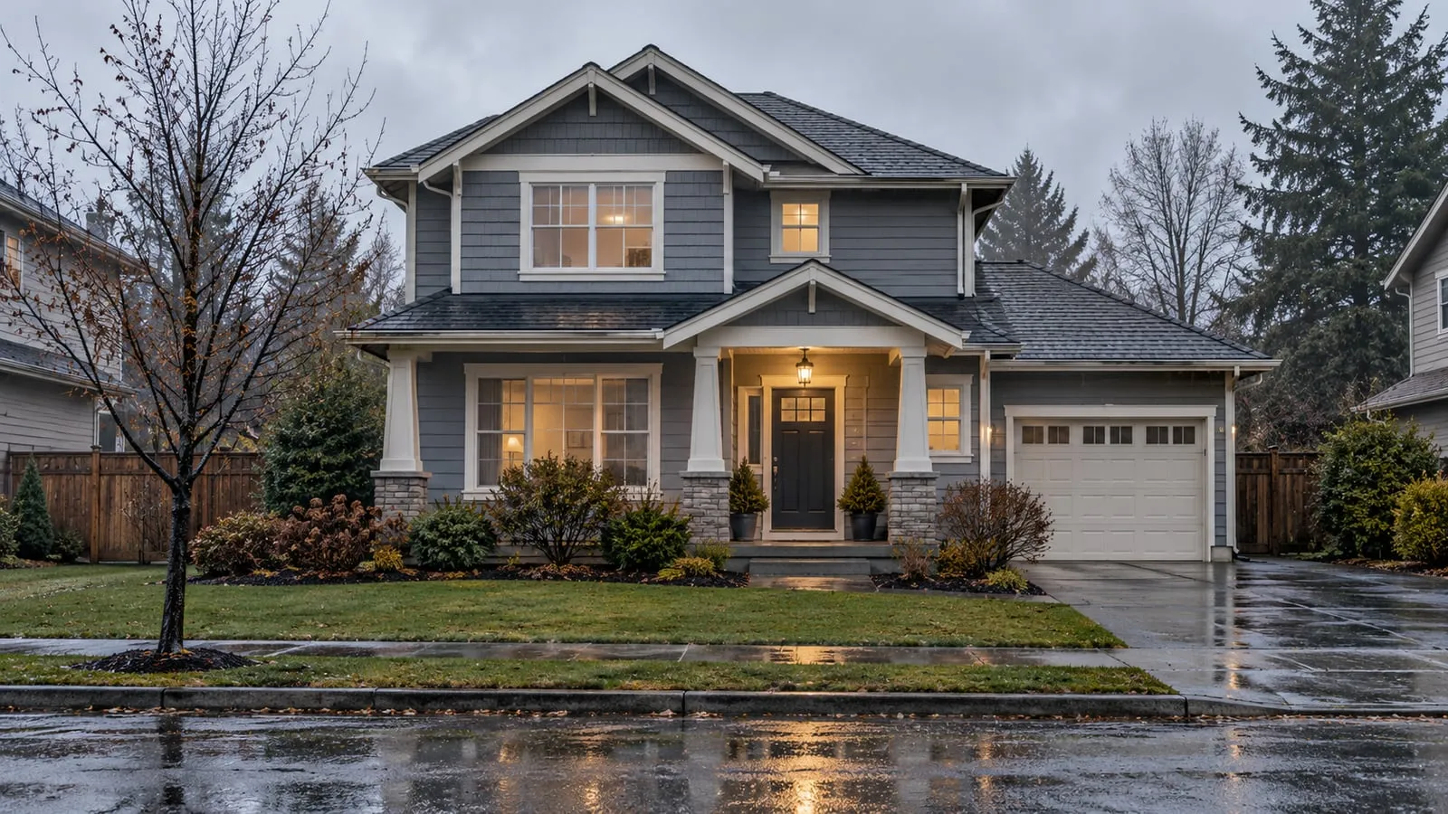 An ordinary two-story home and wet pavement on a rainy gray day.