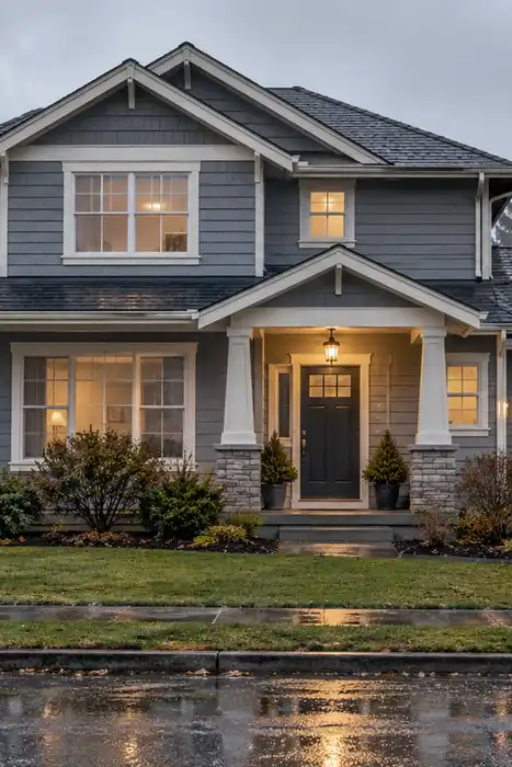 An ordinary two-story home and wet pavement on a rainy gray day.