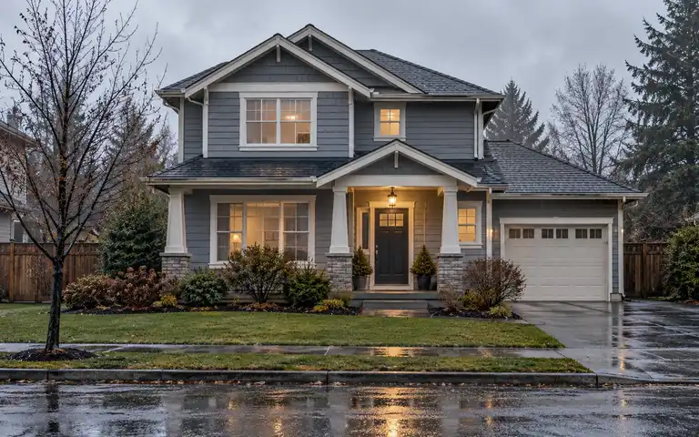 An ordinary two-story home and wet pavement on a rainy gray day.