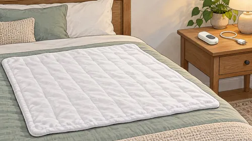 Editorial illustration of a quilted blanket on a bed with a disconnected controller and plug on the bedside table.