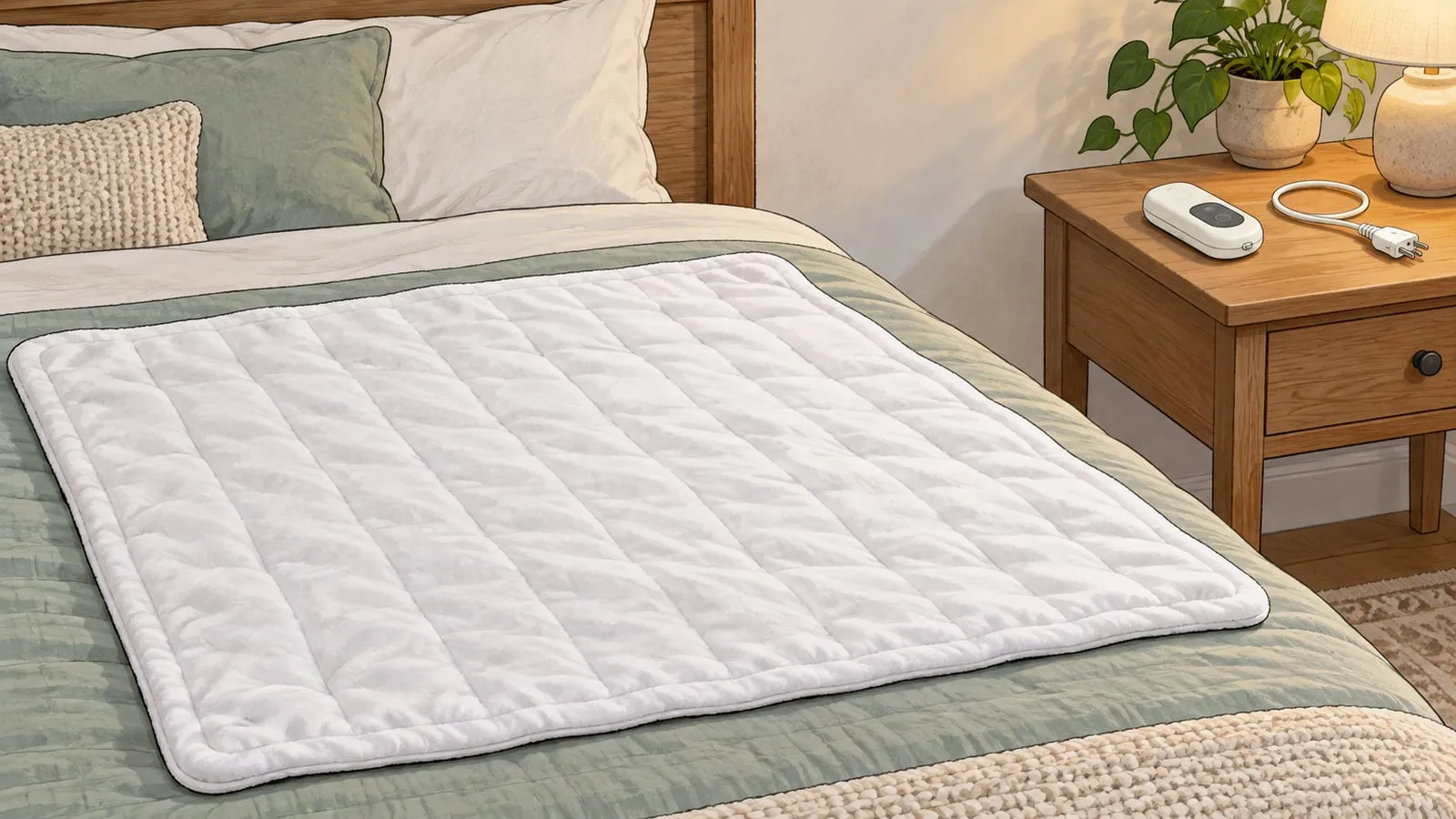 Editorial illustration of a quilted blanket on a bed with a disconnected controller and plug on the bedside table.