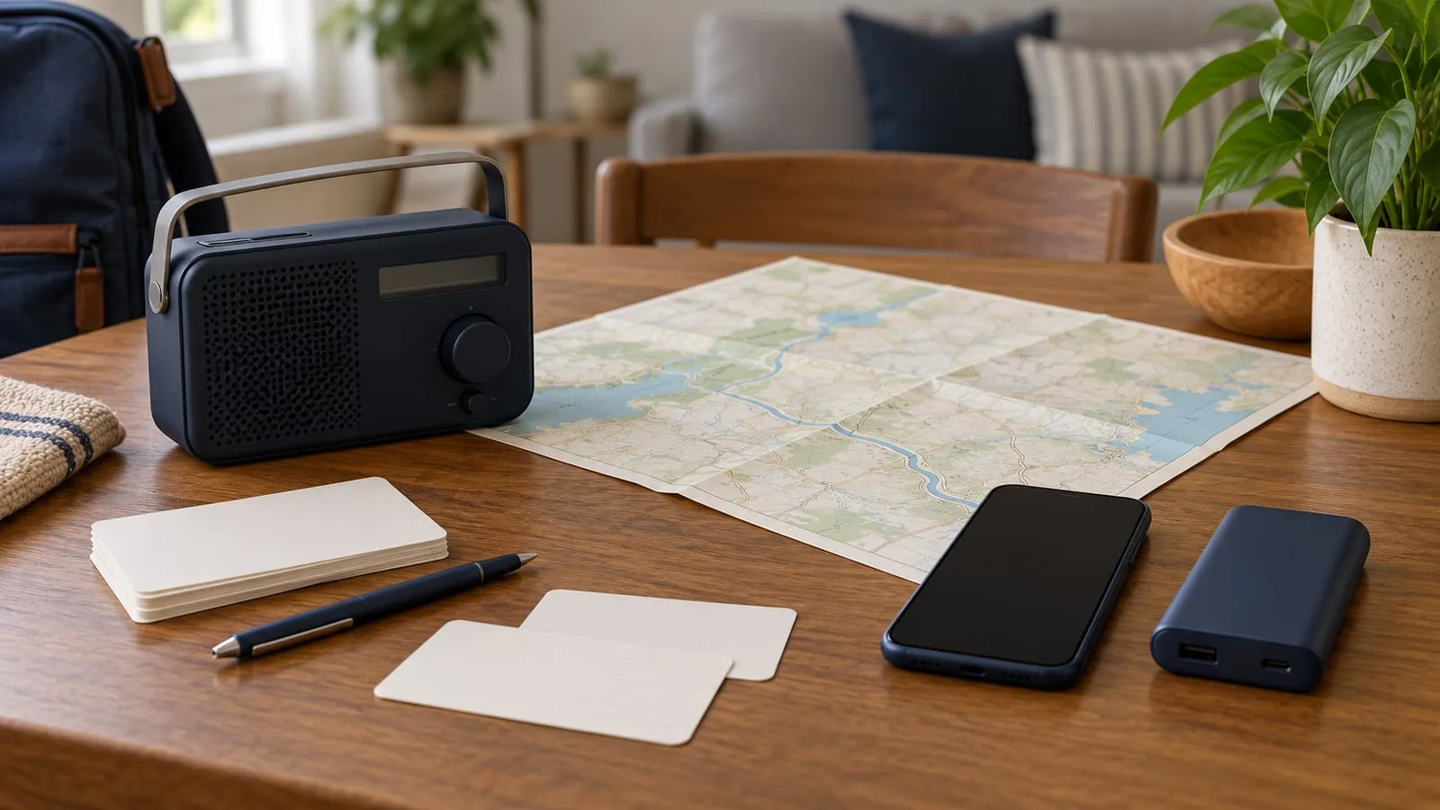 A portable radio, blank contact cards, folded map, dark-screen phone, and power bank on a table.