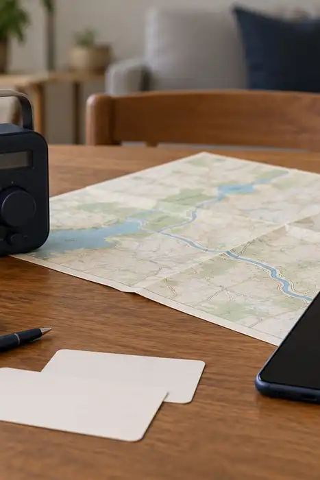 A portable radio, blank contact cards, folded map, dark-screen phone, and power bank on a table.