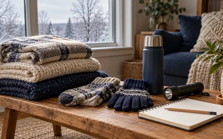 Folded blankets, gloves, a thermal flask, flashlight, and blank notebook beside a closed snowy window.