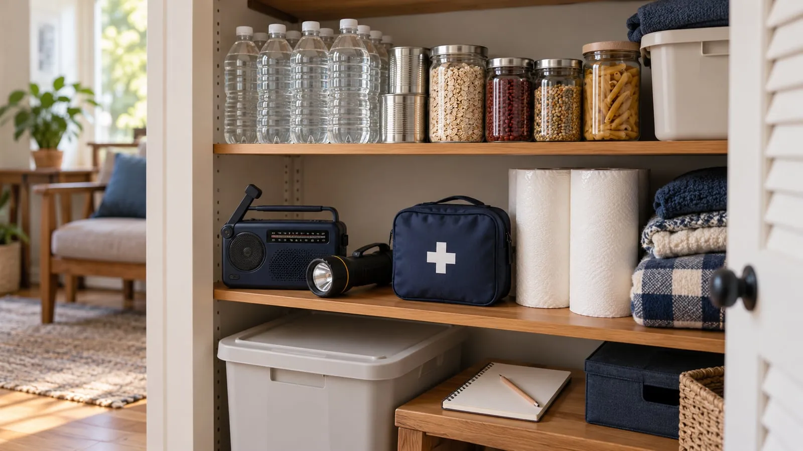 A home closet shelf with sealed water and pantry containers, a radio, flashlight, first-aid pouch, and a blank notebook.