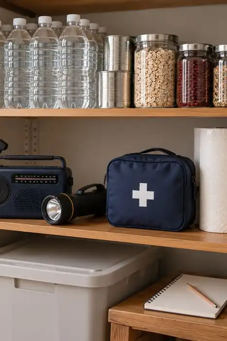 A home closet shelf with sealed water and pantry containers, a radio, flashlight, first-aid pouch, and a blank notebook.