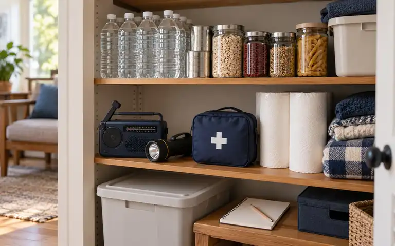 A home closet shelf with sealed water and pantry containers, a radio, flashlight, first-aid pouch, and a blank notebook.