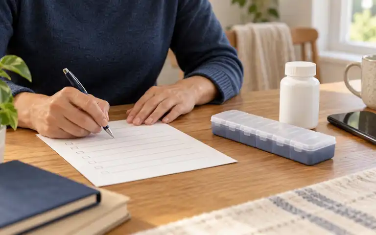 A person writes a medication list beside a pill organizer, plain bottle, and phone.
