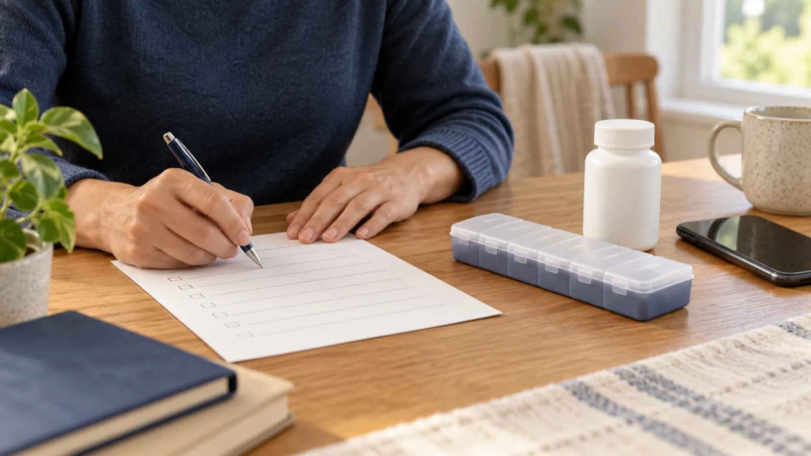 A person writes a medication list beside a pill organizer, plain bottle, and phone.