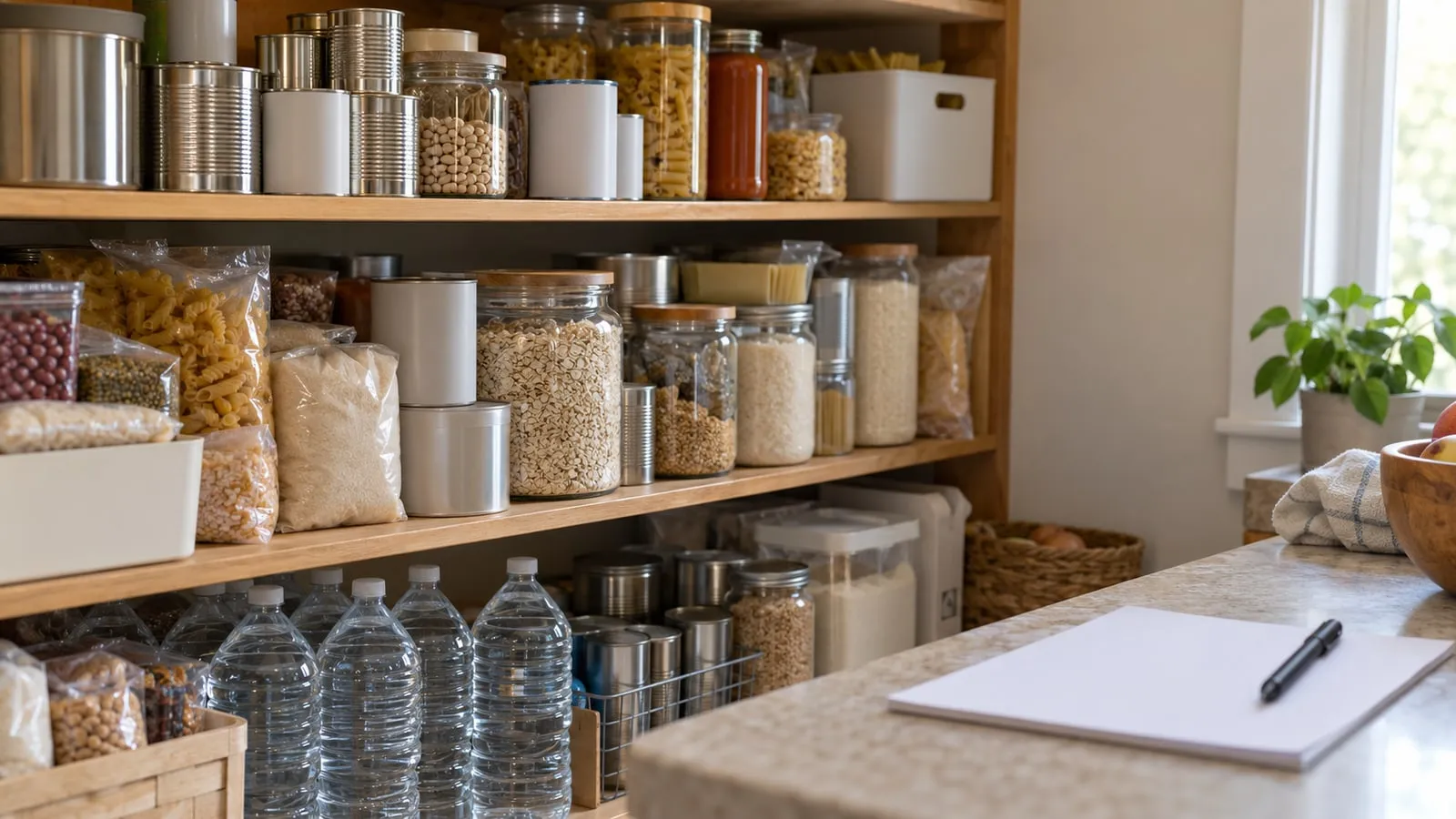 Illustration of pantry shelves with canned food, dry staples, and bottled water beside a blank checklist