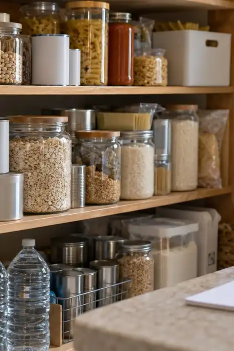 Illustration of pantry shelves with canned food, dry staples, and bottled water beside a blank checklist