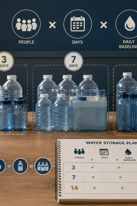 Four household markers, manageable water containers, and a worksheet relating people, days, and a daily baseline
