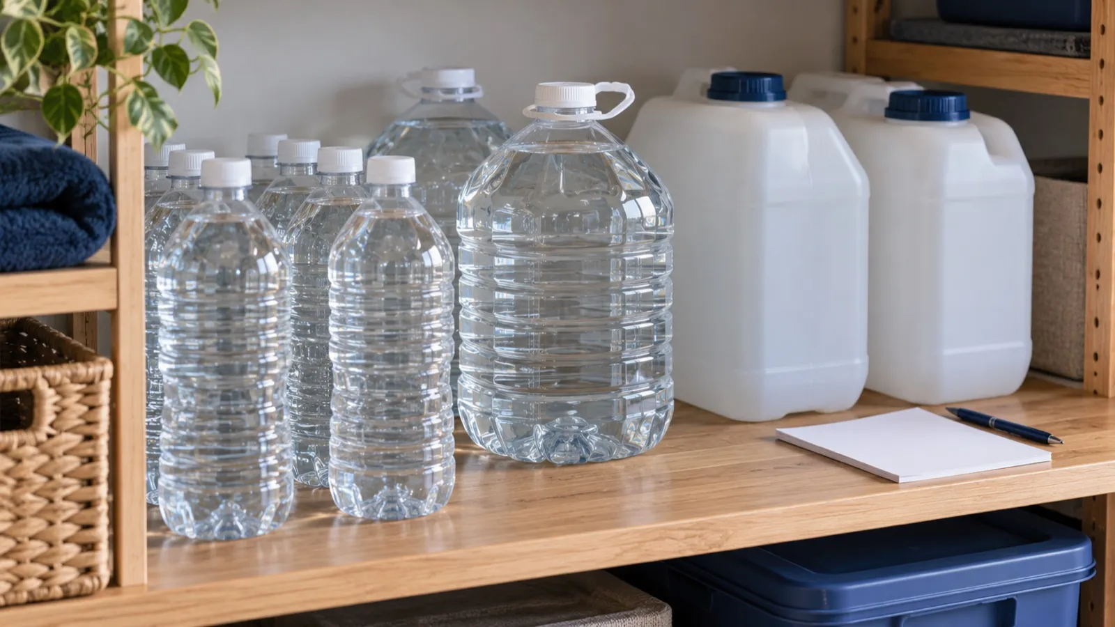 Illustration of closed water bottles and storage containers beside a blank inventory card on a pantry shelf