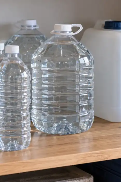 Illustration of closed water bottles and storage containers beside a blank inventory card on a pantry shelf