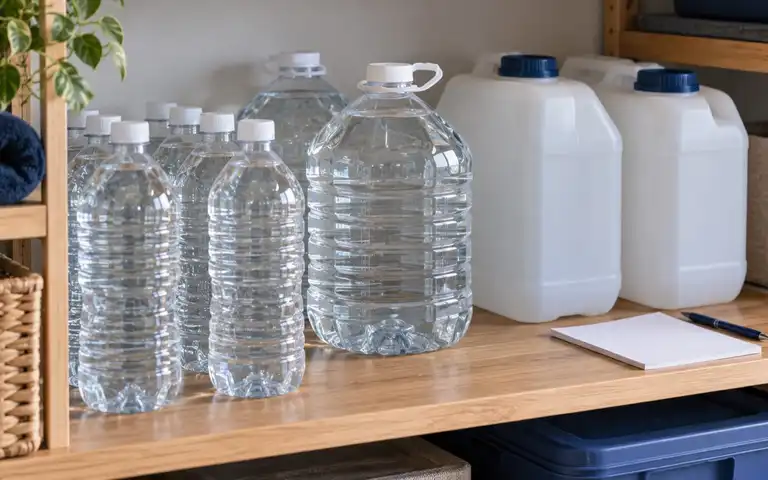 Illustration of closed water bottles and storage containers beside a blank inventory card on a pantry shelf